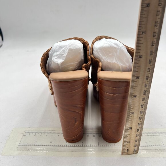 FOWT Tan Studded Round Toe Floral Cut Out Platform Mules Chunky High Heel Sandal - Picture 5 of 8